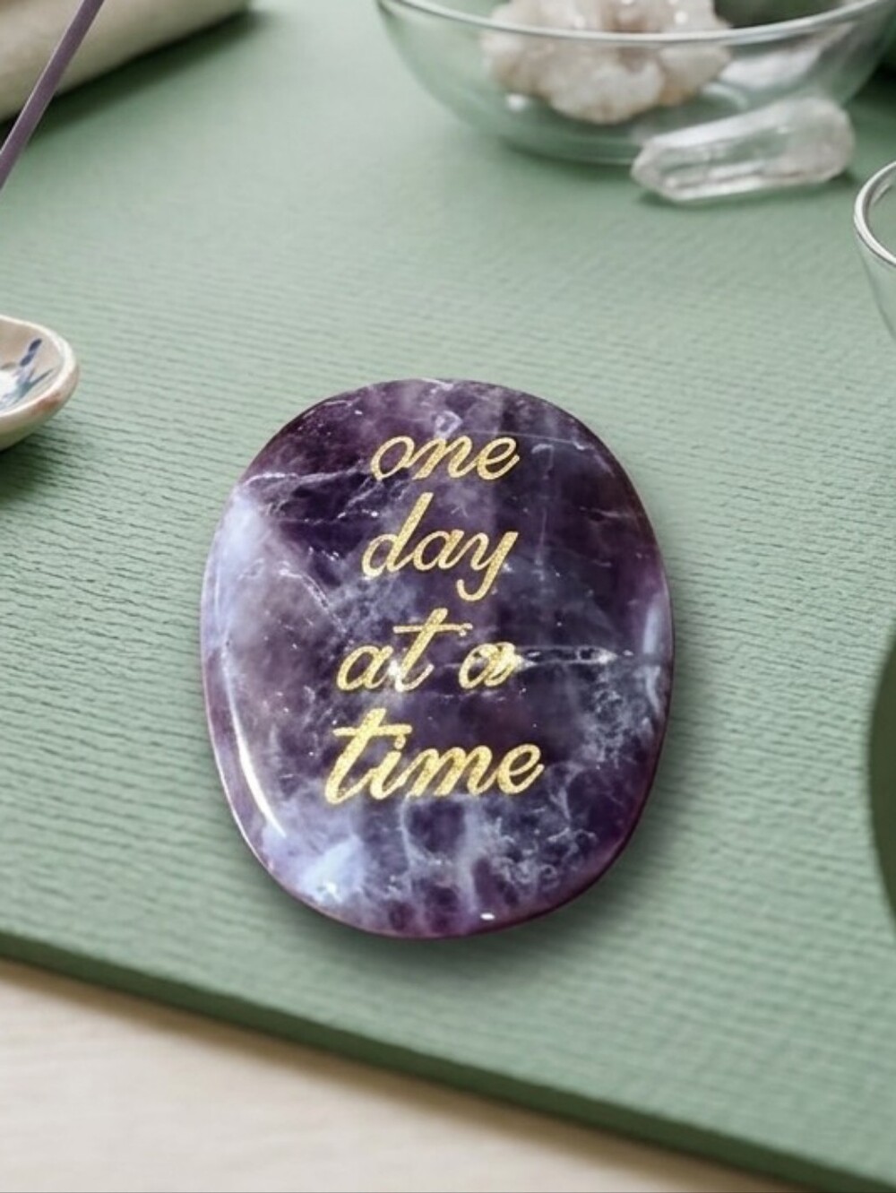 Inspirational Worry Stone  - "one day at a time" Amethyst Crystal